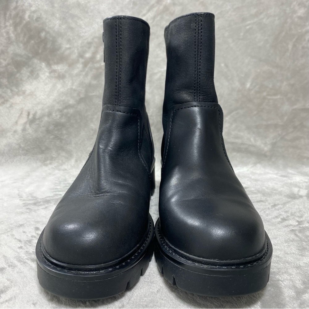 Ugg Women Black Polk Leather Boots Bootie sz 7 Moto Biker Ankle Chunky Round Toe